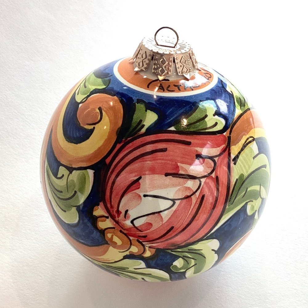 Christmas Bauble  Rome Italy Signed Ceramic Hand-painted  Floral Swirls Scrolls